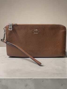 Coach Brown Pebbled Leather Double Zipper Closure Wristlet - Wallet